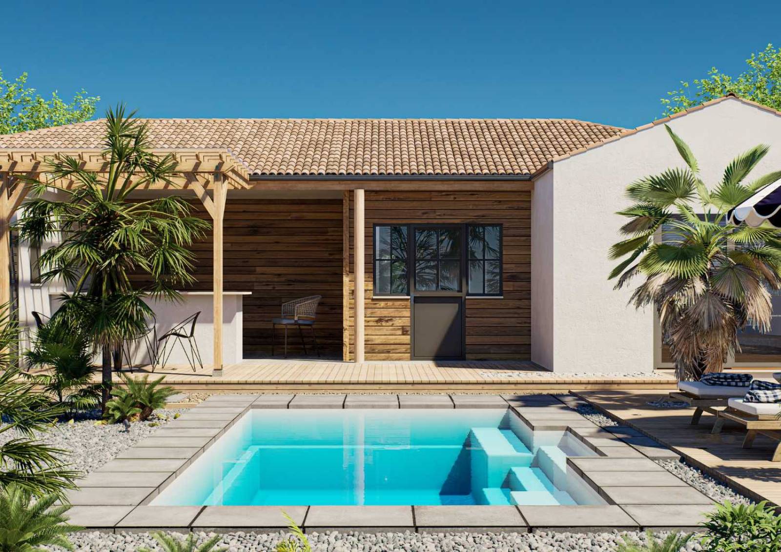 Piscine coque Paloma 5 m avec escalier central déporté à Roquebrune-sur-Argens.