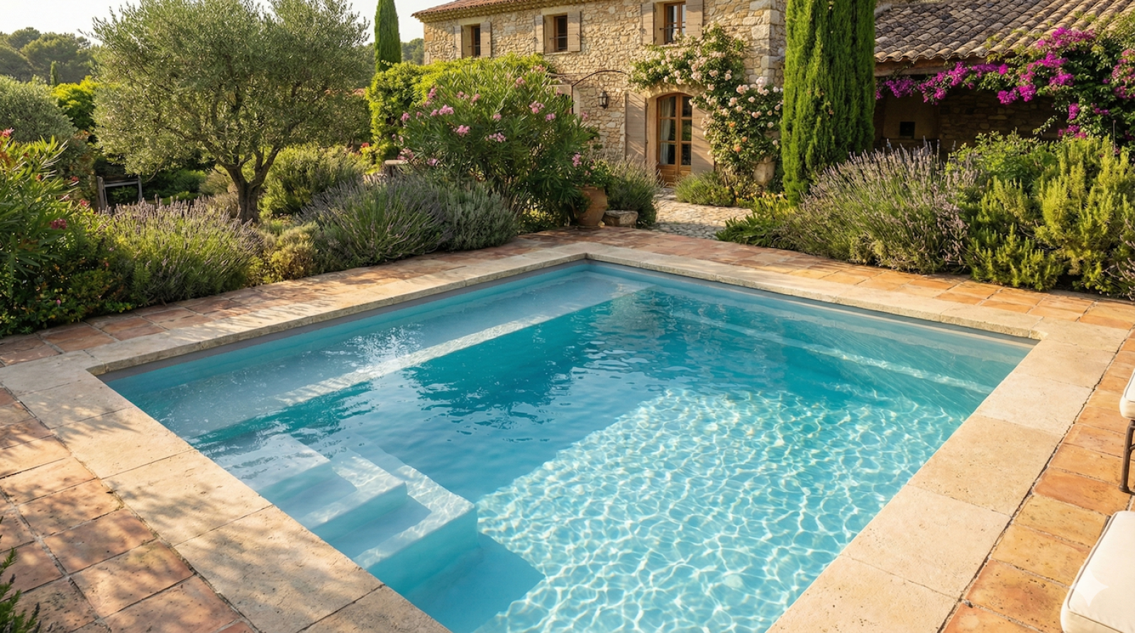 Piscine carré avec banquette et escalier