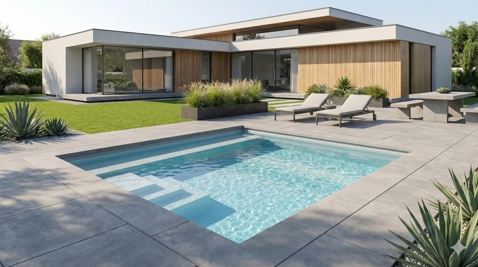 Piscine dans jardin avec maison moderne