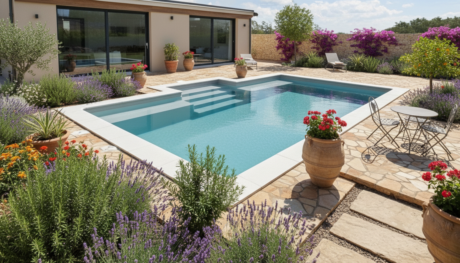 Piscine dans jardin typique méditerranéen