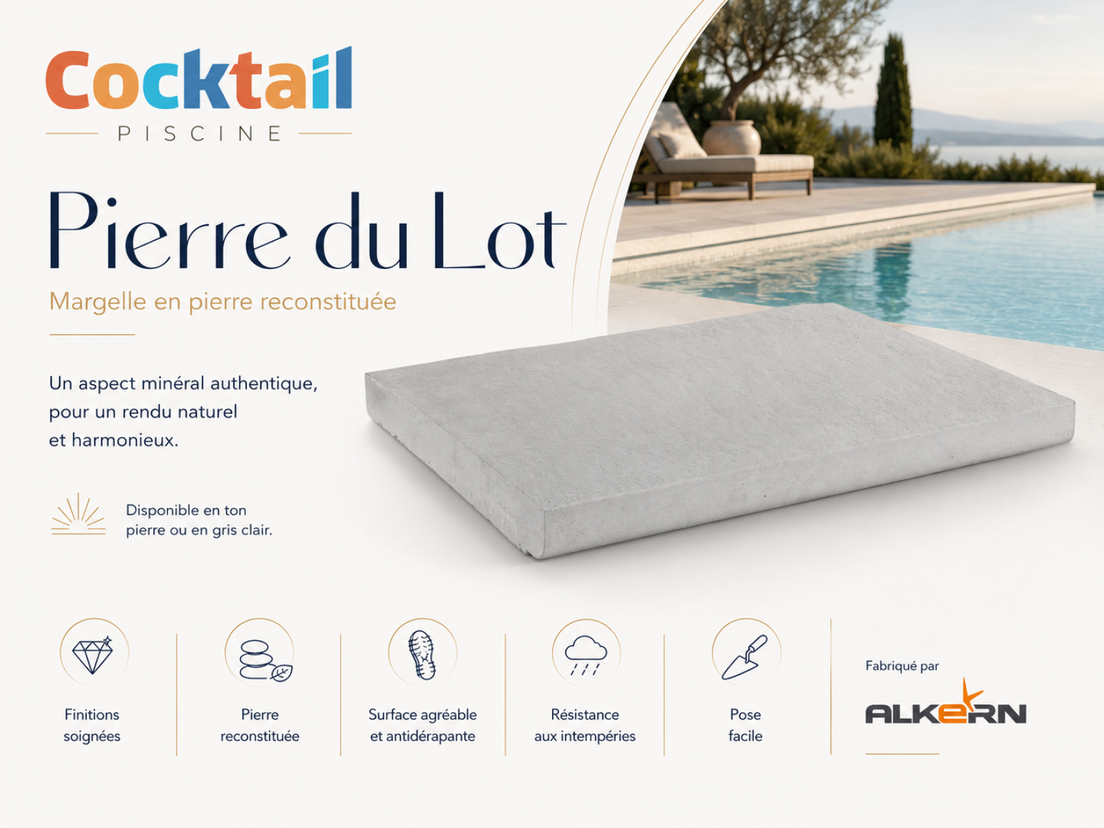margelle en reconstituée façon pierre du lot depuis l'agence du Var cocktail piscine