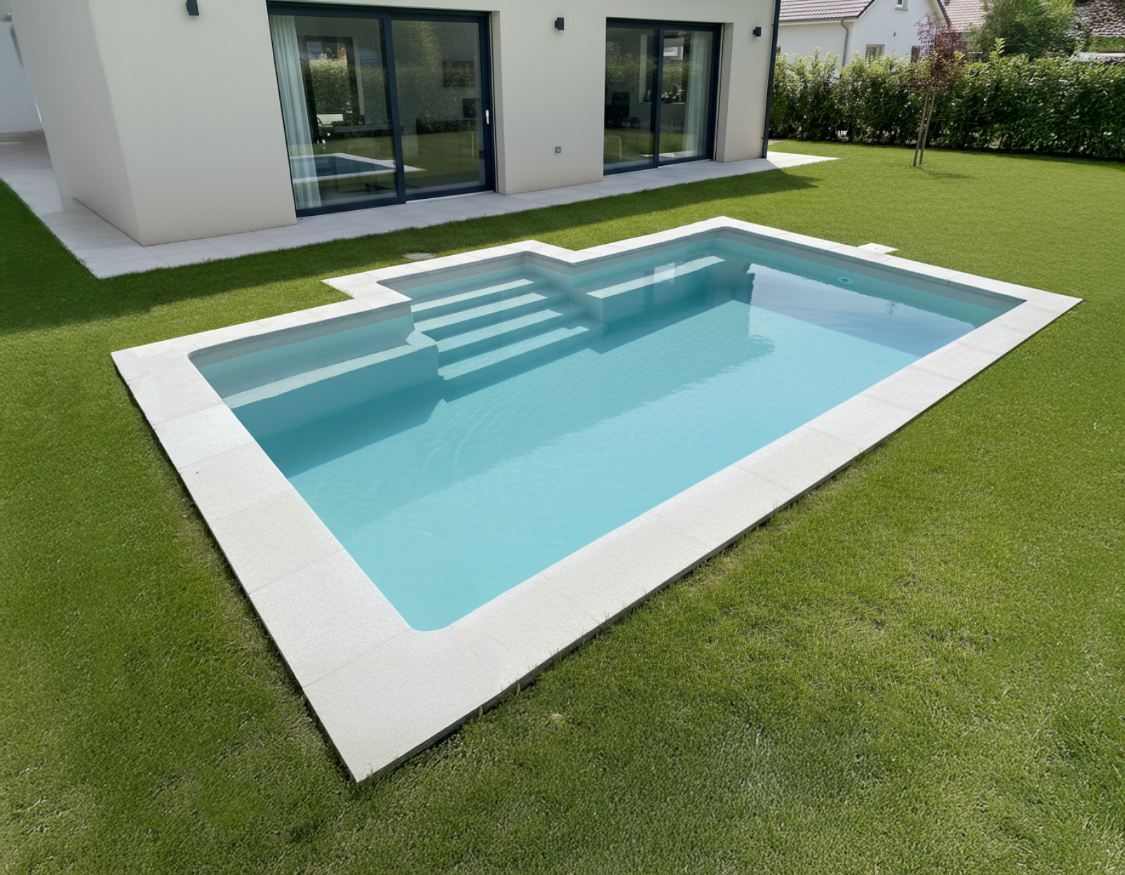 Piscine vue biais dans jardin