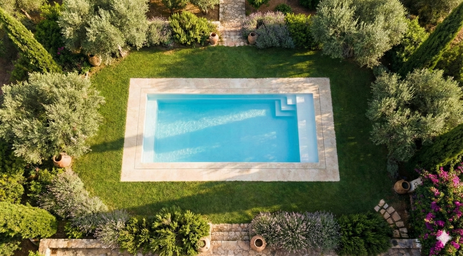 Piscine avec banquette et escalier