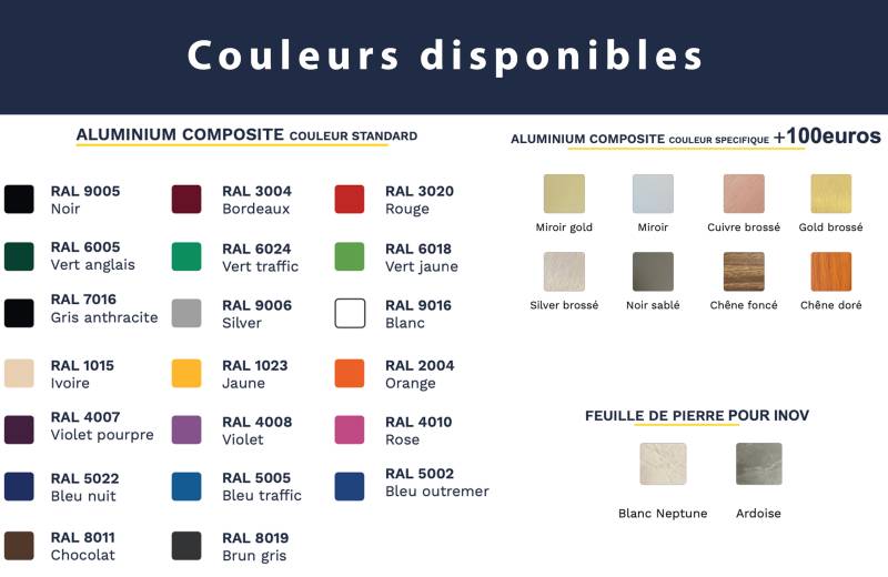 Couleurs disponibles local piscine 