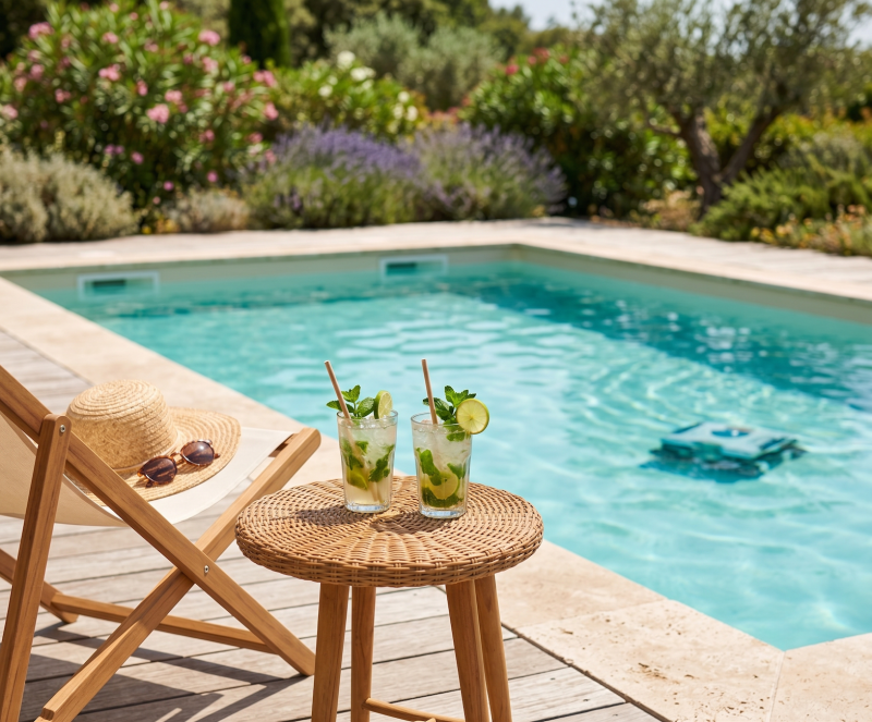 piscine avec table et deux mojitos