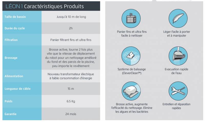 descriptif nettoyeur leon1 par cocktail piscine