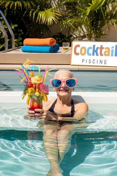 Mamie dans une piscine qui tient un énorme cocktail