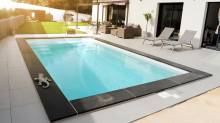 un leazrd en platre bronze au bord d'une piscine